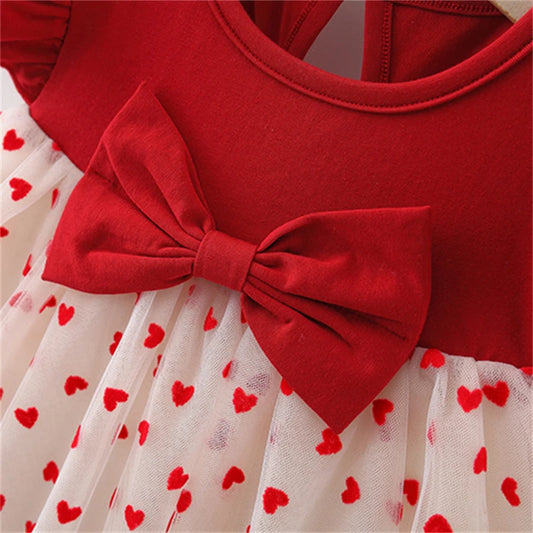 Baby Girl Red Dress Heart Embroidered Mesh Bow Tutu Dress Kids Birthday Party Clothes